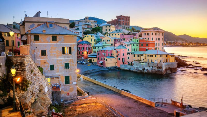 Colorful houses in Boccadasse, an old neighbourhood in Genoa city, Italy, on sunrise